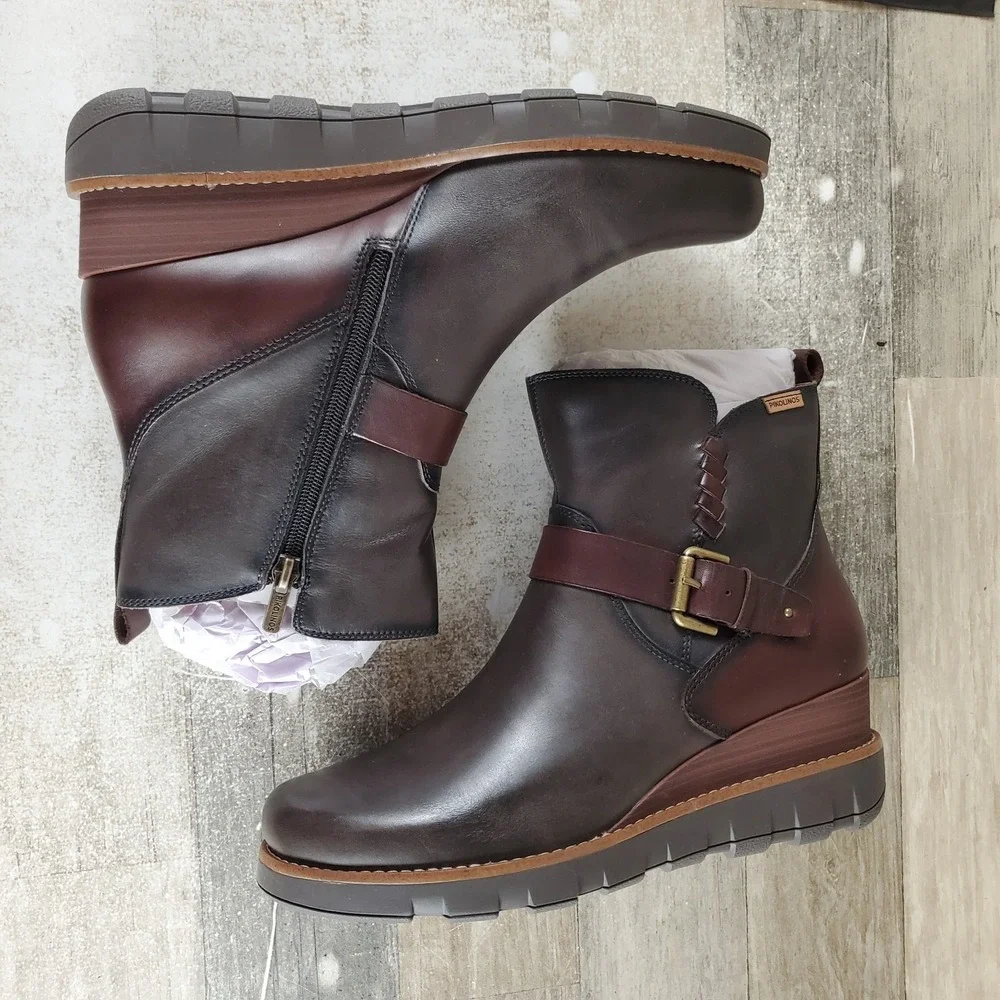 Pikolinos Sanlucar W8F Womens Ankle Boots Sz 10.5 Lead Leather Buckle Side Zip